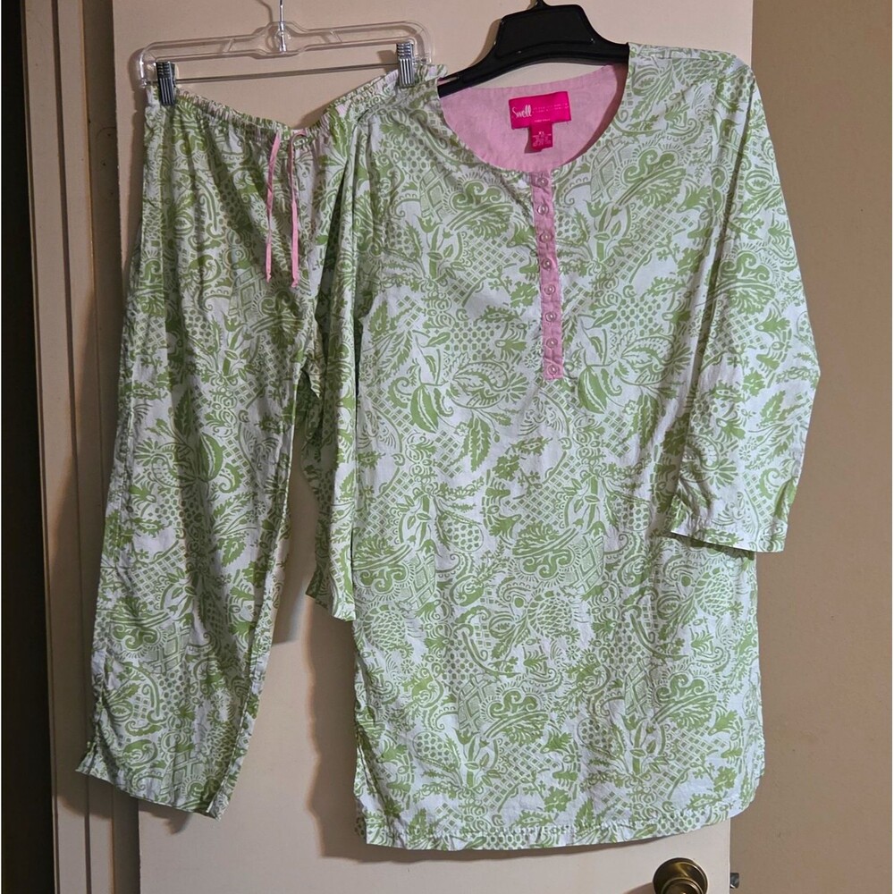 Swell Cynthia Rowley Women's XL Pajama Set 100% Cotton Green White Pink Paisley